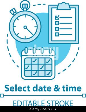 Select date and time concept icon. Choose day, hour thin line illustration. Making reservation. Time management, scheduling. Calendar, stopwatch. Vect Stock Vector