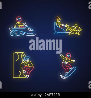 Extreme winter activity neon light icons set. Risky sport, adventure. Cold season outdoor leisure. Snowboarding, ice climbing, snowmobiling and dog sl Stock Vector