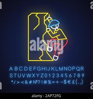 Ice climbing neon light icon. Winter extreme sport, risky activity and adventure. Mountaineering. Rock climber. Glowing sign with alphabet, numbers an Stock Vector