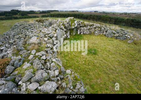 Creggandevesky Court Tomb Neolithic grave. Carrickmore, N. Ireland. N. over court and portal entrance in triple chamber cairn. About 5700 years old Stock Photo