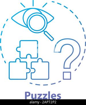 Puzzles blue gradient concept icon. Quest game idea thin line illustration. Looking for answer, clues. Jigsaw parts. Solving problem, searching soluti Stock Vector