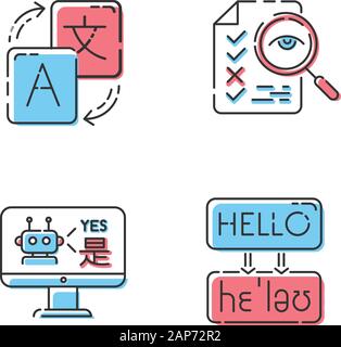 Machine translation services color icons set. Instant online translation. Multilingual chatbot. Artificial intelligence. Transcription and proofreadin Stock Vector