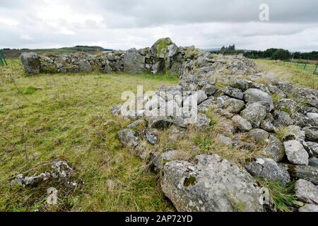 Creggandevesky Court Tomb Neolithic grave. Carrickmore, N. Ireland. W. over court and portal entrance in triple chamber cairn. About 5700 years old Stock Photo