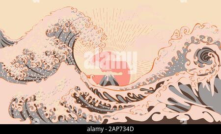 Illustration of stormy ocean with big waves, modern retro art design. Stock Vector