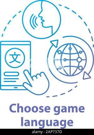 Choose game language blue gradient concept icon. Select quest translation idea thin line illustration. Multilingual communication. Different linguisti Stock Vector