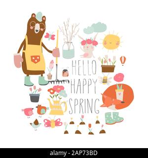 Set of cartoon animals and spring elements Stock Vector