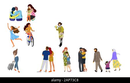 Crowd of people isolated on white background. Large group of men and women in different circumstances. Flat cartoon vector illustration Stock Vector