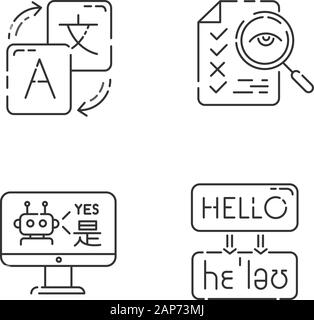 Machine translation services linear icons set. Online translation. Multilingual chatbot. Transcription, proofreading. Thin line contour symbols. Isola Stock Vector