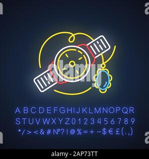 Jewelry and watches neon light icon. Necklace, bracelet with precious stone. E commerce department, shopping categories. Glowing sign with alphabet, n Stock Vector