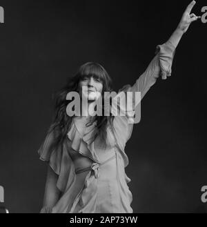 LONDON - JUL 02, 2016:( Image digitally altered to monochrome ) Florence Welch performs at the Barclaycard British Summer Time Event in Hyde Park on Jul 02, 2016 in London Stock Photo