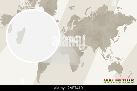 Zoom on Mauritius Map and Flag. World Map. Stock Vector
