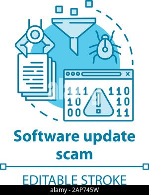Software update scam concept icon. Computer hacking attack danger. Data theft. Software bugs and viruses. Cybercrime idea thin line illustration. Vect Stock Vector