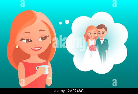 Cute cartoon girl dreams about her wedding. Represents in thoughts himself with the groom in festive dresses. Vector romantic illustration about love Stock Vector