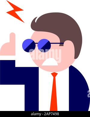 Drawing of a modern business man in sunglasses, a suit and tie. Angry and cursing. Vector isolated illustration in flat style for icon or symbol. Stock Vector