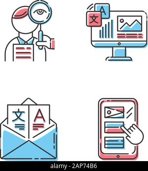 Translation color icons set. Proofreading, website localization. Multilingual online dictionary mobile app. Email translation, DTP services. Isolated Stock Vector