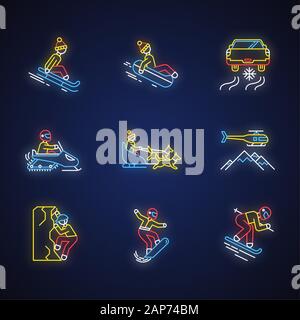 Extreme winter activity neon light icons set. Risky sport, adventure. Cold season outdoor leisure. Snowmobiling, ice climbing, sledding, snow tubing. Stock Vector