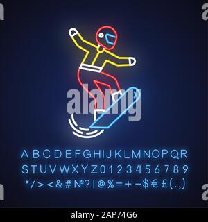 Snowboarding neon light icon. Winter extreme sport, risky activity and adventure. Cold season outdoor dangerous leisure and hobby. Snowboarder. Glowin Stock Vector