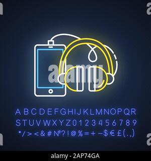 Phones and accessories neon light icon. Smartphone and headphones. E commerce department, online shopping categories. Glowing sign with alphabet, numb Stock Vector
