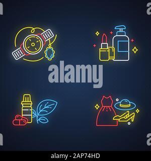 E commerce departments neon light icons set.Online shopping categories. Beauty and personal care. Fashion. Jewelry and watches. Health products. Glowi Stock Vector