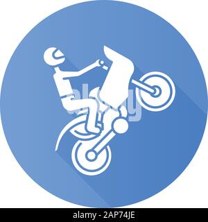 Motorcycling blue flat design long shadow glyph icon. Track, road rally, speedway, motocross racing. Person performing motorbiking stunt. Extreme spor Stock Vector