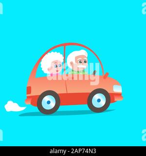 Cartoon grandfather and grandmother ride a red passenger car. Good mood and smiles. Vector illustration. Stock Vector