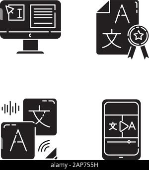 Machine translation glyph icons set. Audio and video instant online translator. Text editing. Quality control. Certified translation, DTP services. Si Stock Vector