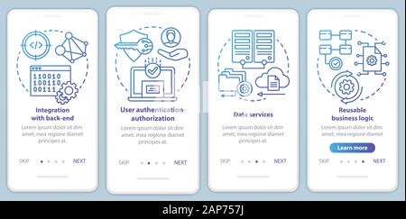 Software development onboarding mobile app page screen vector template. Application programming. Walkthrough website steps with linear illustrations. Stock Vector