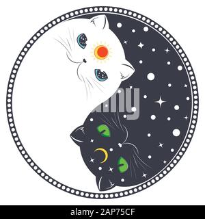 Cute cartoon black and white cats, yin yang sign. Stock Vector