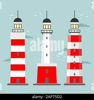 Set of cartoon lighthouses. Searchlight towers for maritime navigational guidance Stock Vector