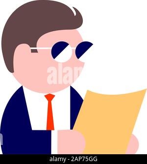 Drawing of a modern business man in sunglasses, a suit and tie. Reads a yellow newspaper. Vector isolated illustration in flat style for icon or symbo Stock Vector
