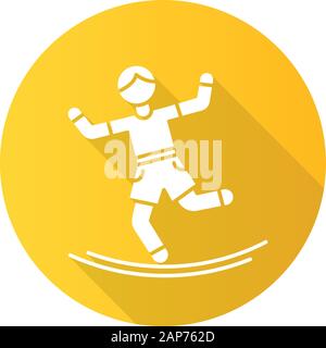 Slacklining yellow flat design long shadow glyph icon. Balance training. Slack rope walking. Tightrope walker. Person balancing on suspended webbing. Stock Vector