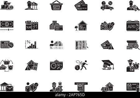 Credit glyph icons set. Student loan. Borrowing from Retirement. Personal creditworthiness. Home equity loan. Retail, consumerism. APR calculator. Sil Stock Vector