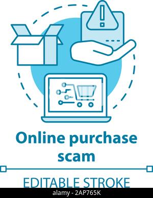 Online purchase scam concept icon. Identity and money theft via internet shopping fraud. Cybercrime. Buying on fake site idea thin line illustration. Stock Vector