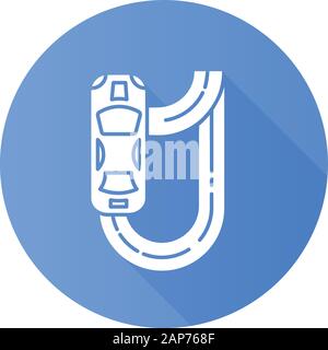 Auto racing blue flat design long shadow glyph icon. Two-seater vehicle on circuit track. Automobile drift. Sliding motorcar. Production car race. Ext Stock Vector