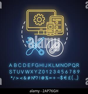 Cross-platform support neon light concept icon. Software development idea. Responsive application management. Glowing sign with alphabet, numbers and Stock Vector