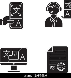 Translation glyph icons set. Human interpretation, apostilles and document legalization. Dictionary mobile application. Instant translator desktop app Stock Vector