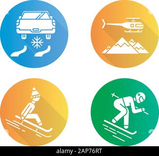 Extreme winter activity flat design long shadow glyph icons set. Risky sport hobby, adventure. Leisure and recreation. Ice driving, sledding and heli Stock Vector