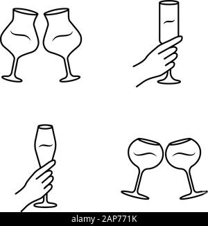Wine service linear icons set. Clinking wine glasses. Hands holding alcohol beverages. Celebration. Glassware, winery. Thin line contour symbols. Isol Stock Vector