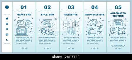 Front-end, back-end development onboarding mobile web pages vector template. Responsive smartphone website interface idea with linear illustrations. W Stock Vector