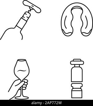 Alcohol drinks tableware linear icons set. Wine glasses, decanters, bottles thin line contour symbols. Foil cutter, corkscrew. Barman tools. Isolated Stock Vector