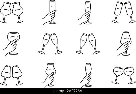 Wine service linear icons set. Clinking glasses of wine and champagne. Hands holding wineglasses. Celebration. Toast. Thin line contour symbols. Isola Stock Vector