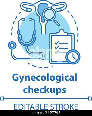 Gynecological checkups concept icon. Medical screening idea thin line illustration. Reproductive system examining. Women healthcare. Doctor equipment. Stock Vector