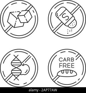 Product free ingredient linear icons set. No sugar, salt, gmo, carb. Dietary without sweeteners. Balanced meals. Thin line contour symbols. Isolated v Stock Vector