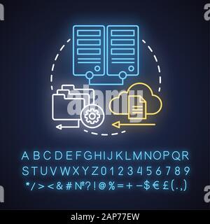 Data services neon light concept icon. Managing information idea. Databases and data servers. Files uploading on cloud. Glowing sign with alphabet, nu Stock Vector