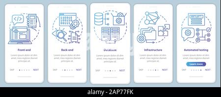 Front-end, back-end development onboarding mobile app page screen vector template. App programming. Walkthrough website steps with linear illustration Stock Vector