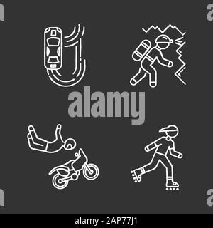 Extreme sports chalk icons set. Auto racing. Drifting car. Caving, potholing. Spelunking. Motorcycle stunt riding. Freestyle motocross. Inline skating Stock Vector