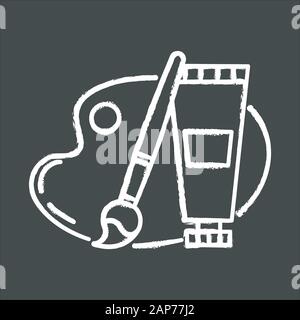 Arts and craft chalk icon. Acrylic, gouache, watercolor paint. Brush, palette. Supplies for creative hobby. E commerce department, online shopping cat Stock Vector