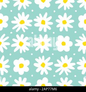 Over-Scaled Retro Graphic Floral Vector Seamless Pattern. Simplistic Oversized Hand Drawn White Daisies, Abstract Blooms on Mint Background. Minimal S Stock Vector