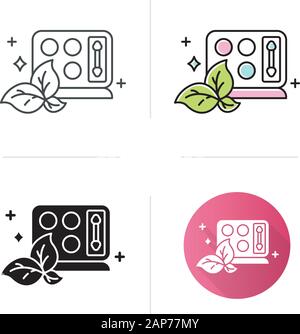 Compact eyeshadow palette color icon. Eye makeup kit. Visage beauty aid item. Pressed shadows. Hypoallergenic organic cosmetics. Flat design, linear a Stock Vector