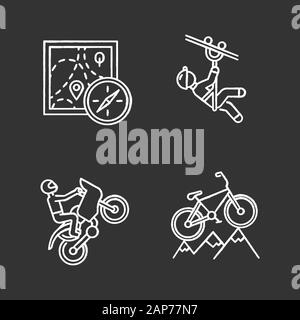 Extreme sports chalk icons set. Foot orienteering. Navigation equipment. Zipline, canopy tour. Motocross racing. Mountain cycling, cross-country bikin Stock Vector